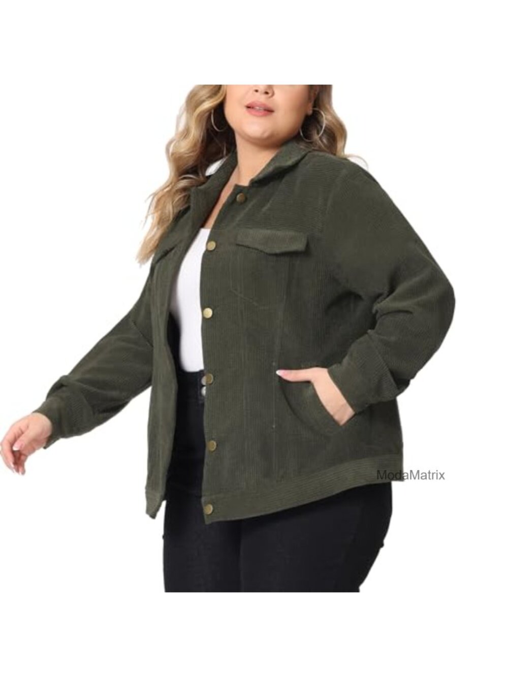 Plus Size Corduroy Button Down Long Sleeve Loose Shacket Jacket